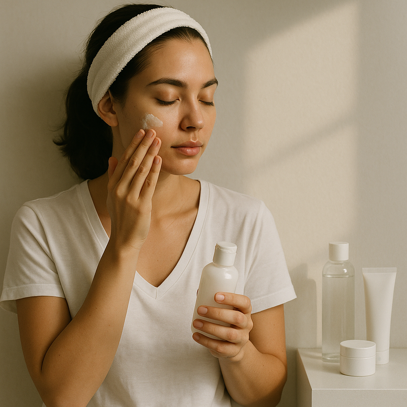 Moteris prausyklos veidrodyje atlieka rytinę odos priežiūros rutiną, ant vonios krašto išdėlioti kosmetikos produktai - valomasis gelis, tonikas ir drėkinamasis kremas