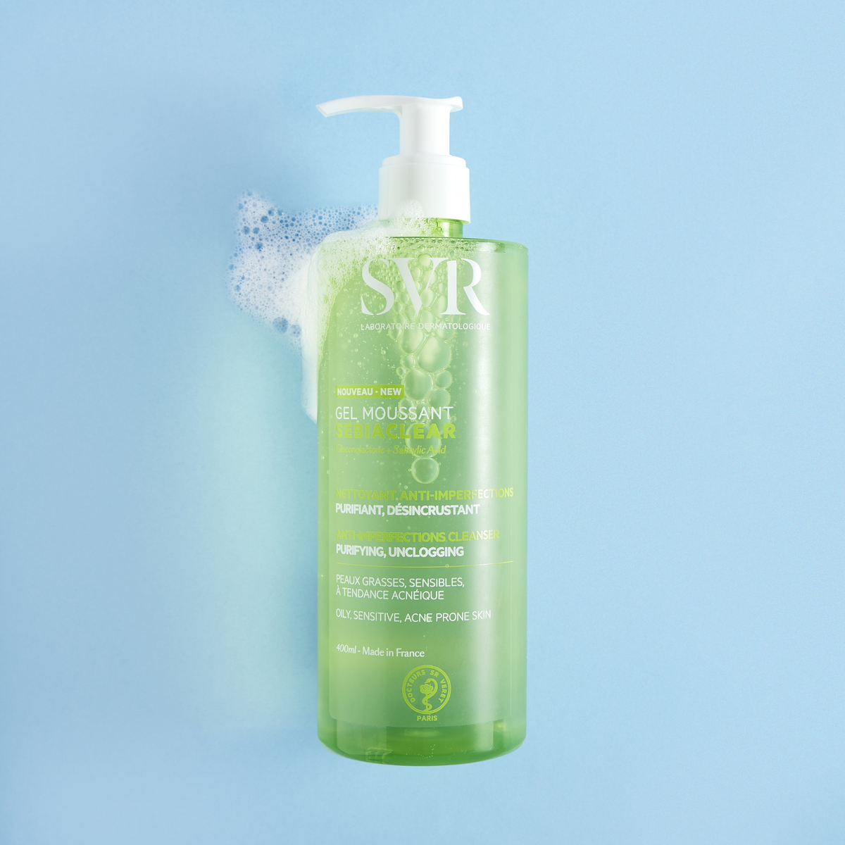 SVR Sebiaclear Gel Moussant 400ml bottle with foam #Size_400ml