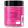 Supplement container with pink label and black lid on a white background #Size_300g